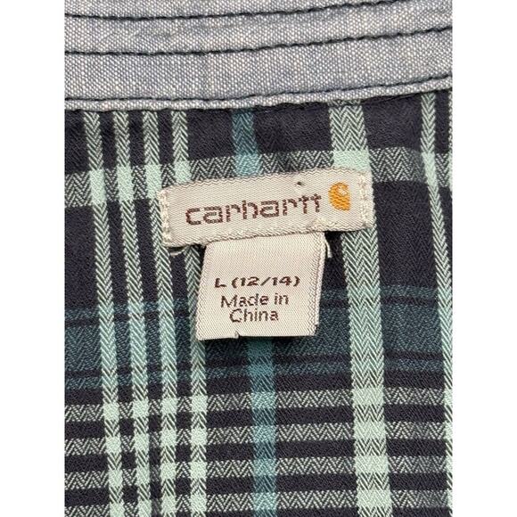 Carhartt Blue Plaid Women's Roll-Tab Sleeve Button-Up Shirt, Size L Large 12/14 - Picture 5 of 9